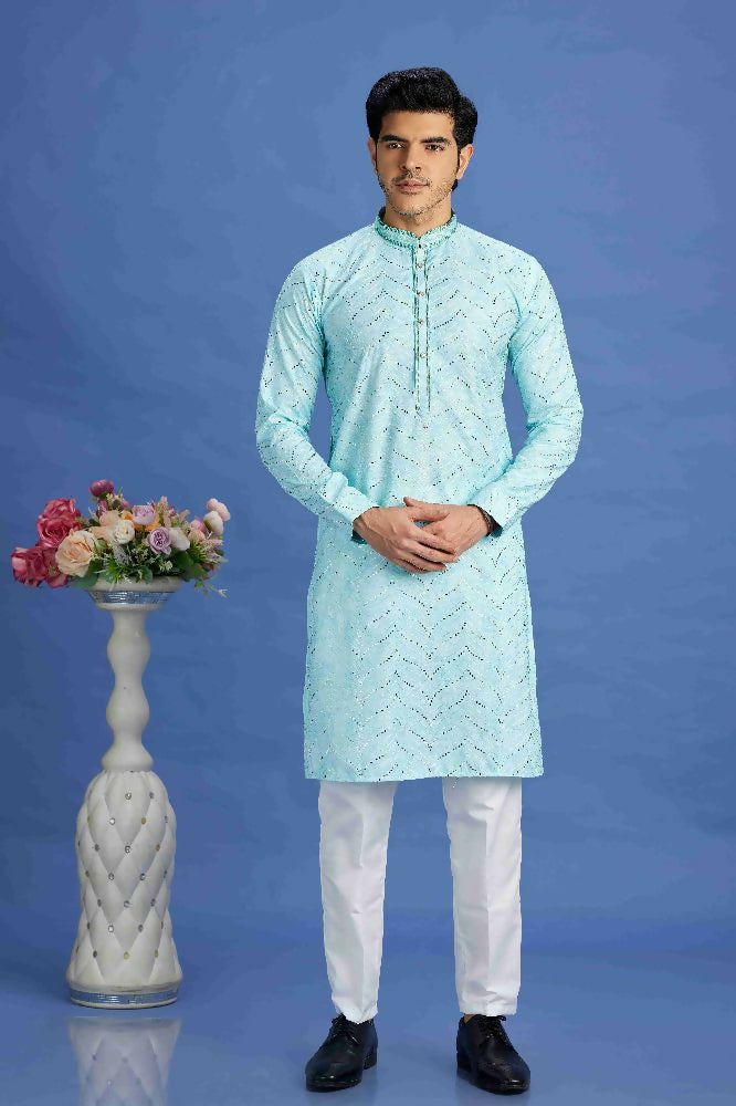 Raivat Ethnic Cotton Embroidery Kurta Pajama In Sky Blue Colour | Grocsy