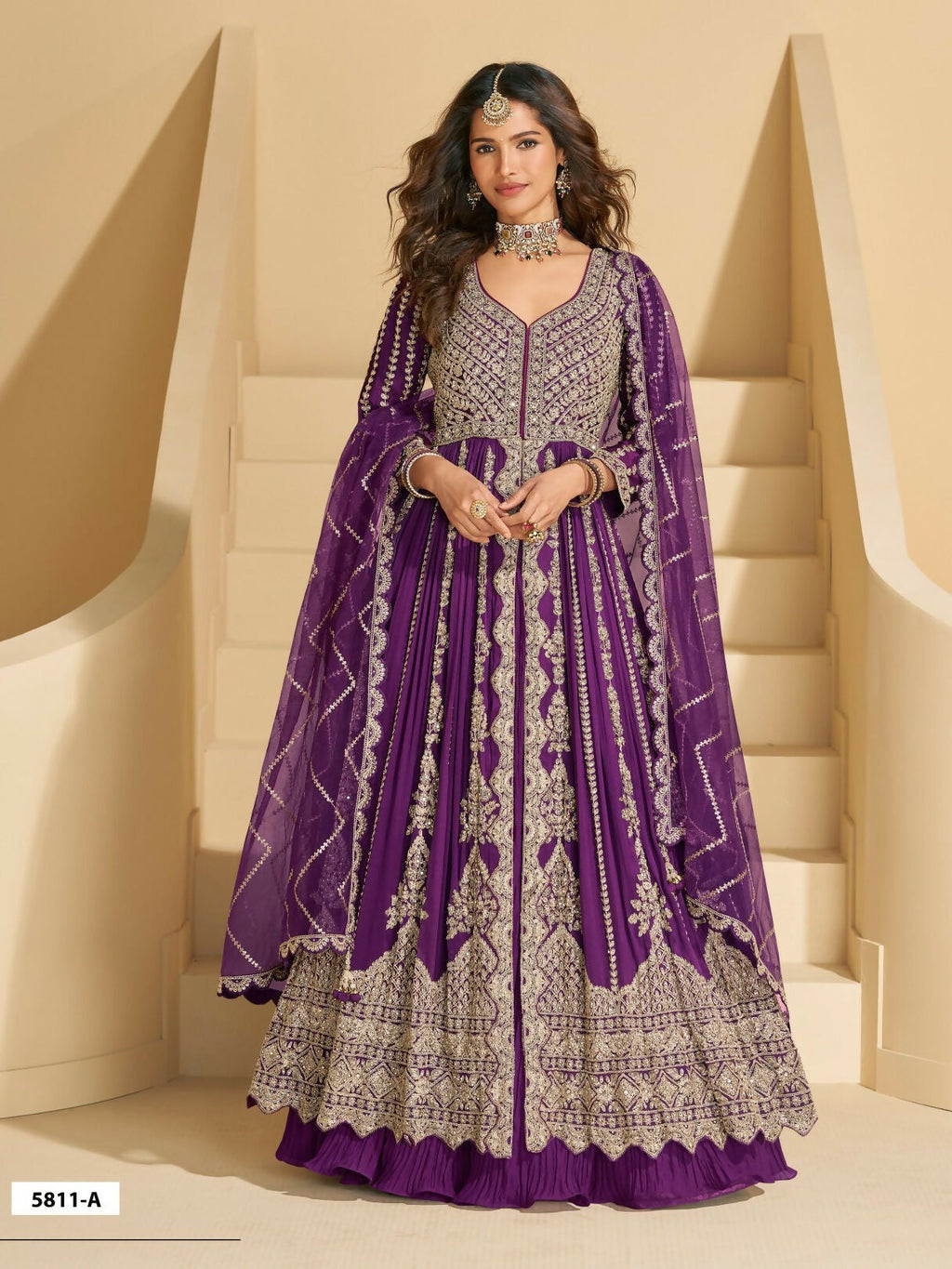 Anaita Purple Chinon Readymade Anarkali Lehenga with Heavy Embroidery Work | Grocsy