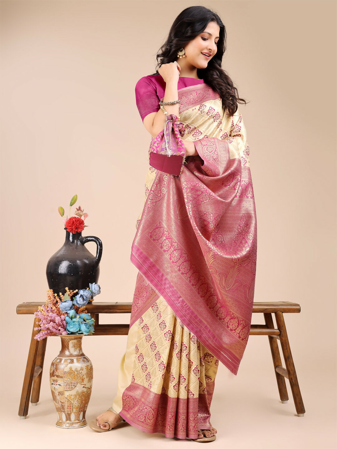 Shree Shyam Fashion Aura Silk Cream Magenta Banarasi Silk Saree | Grocsy