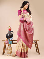 Shree Shyam Fashion Aura Silk Cream Magenta Banarasi Silk Saree | Grocsy