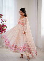 Teeya Creation Womens New Organza Soft Taby Silk Heavy Quality Fabric With Digital Print Baby-Pink Gown Set | Grocsy