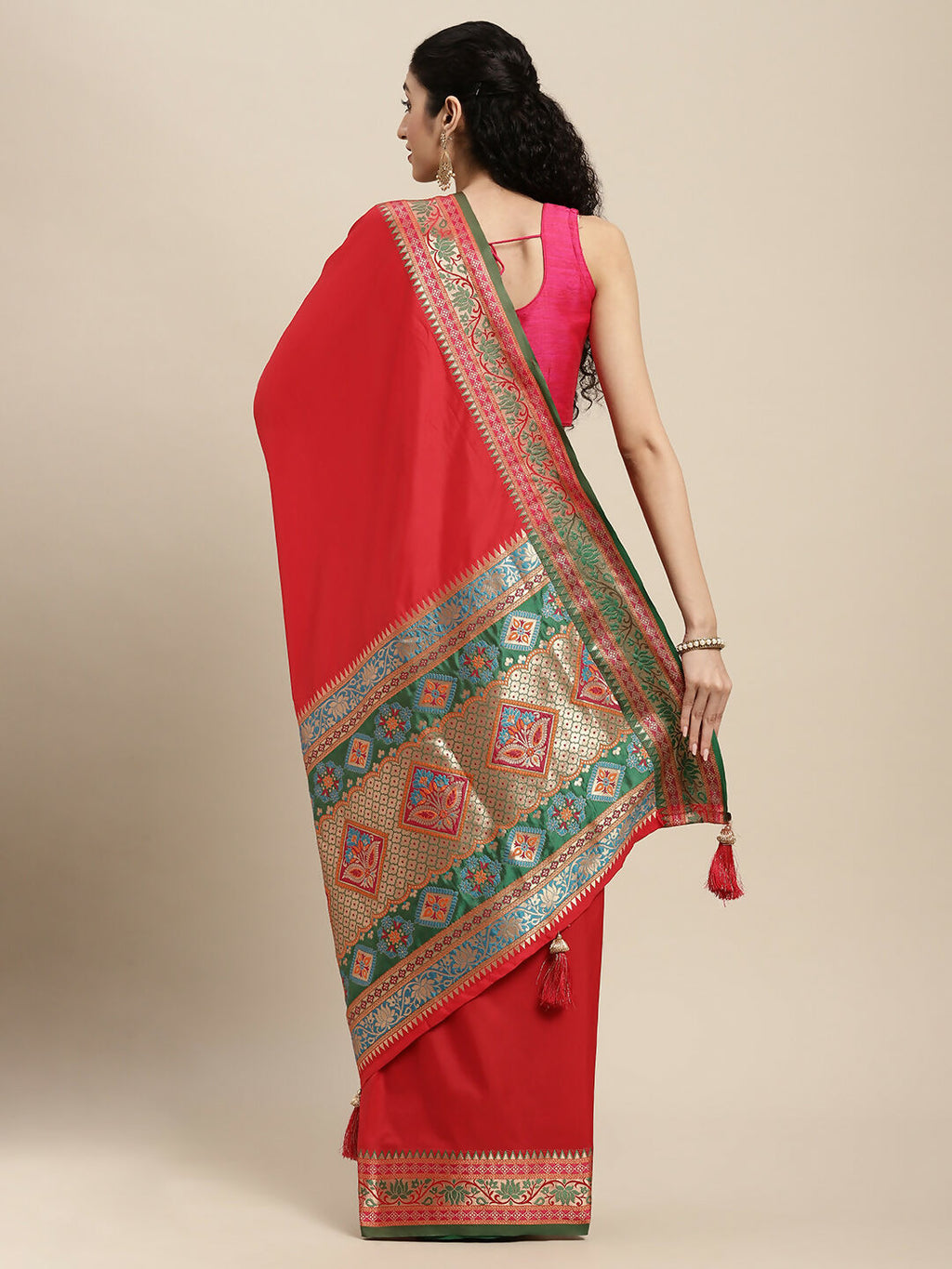 Shree Shyam Fashion Silk Blend Red Saree | Grocsy
