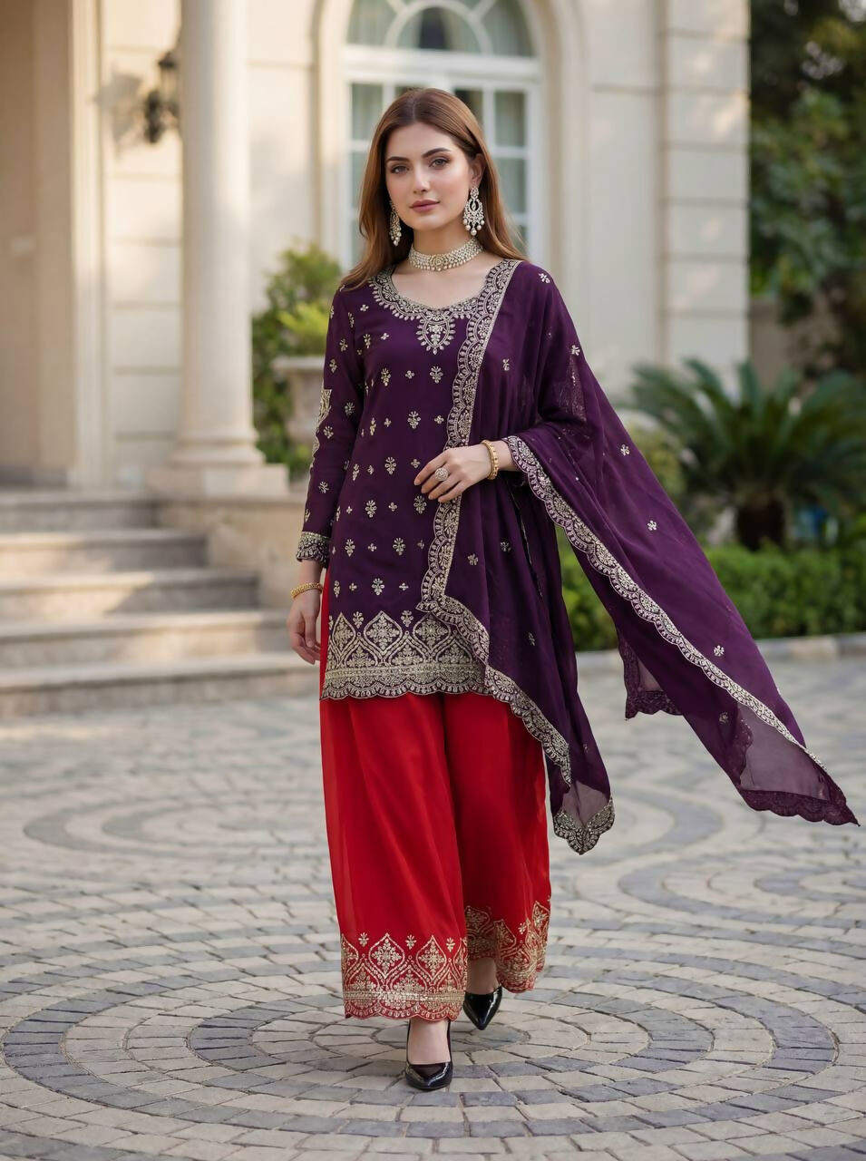 Joban Fashion Purple Silk Embroidered Sharara Set | Grocsy