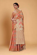 Peach Soft Organza Woven Design Saree With Unstitched Blouse Piece - Zaara | Grocsy