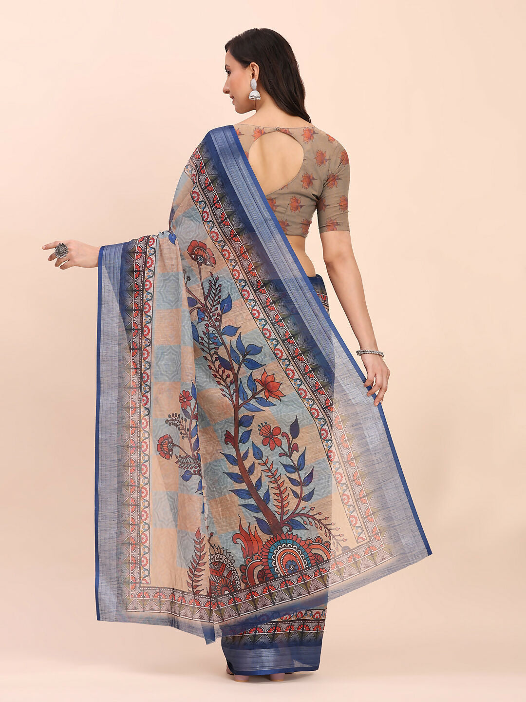 Shree Shyam Fashion Linen Cotton Cream Saree | Grocsy