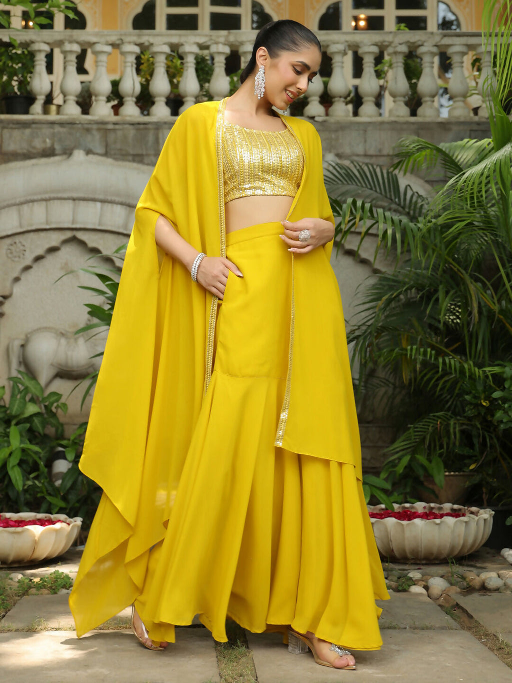 Janasya Yellow Georgette Sequined Top Bottom Cape | Grocsy