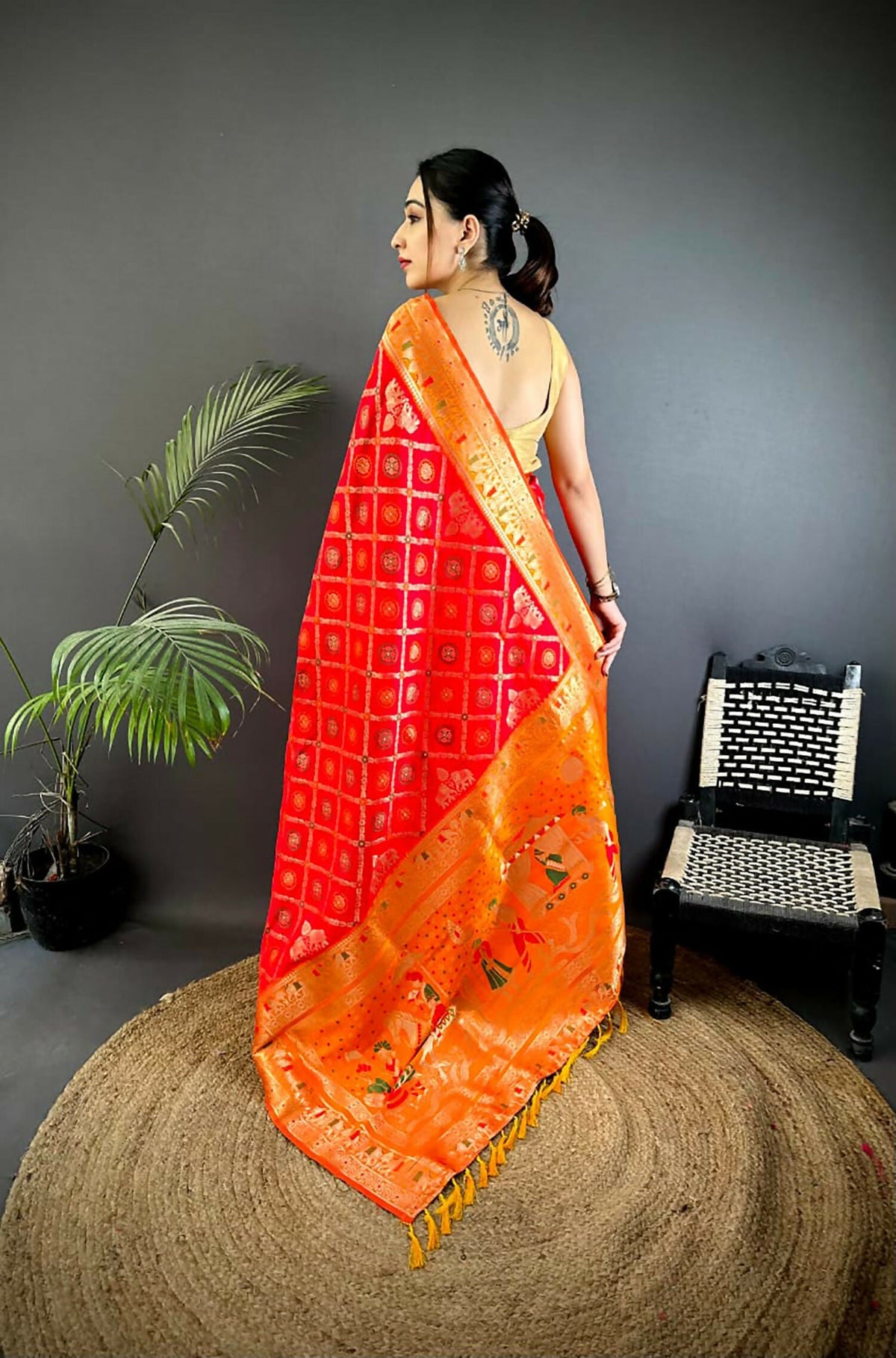 Joban Fashion Red Butti Motifs Soft Silk Patola Saree | Grocsy