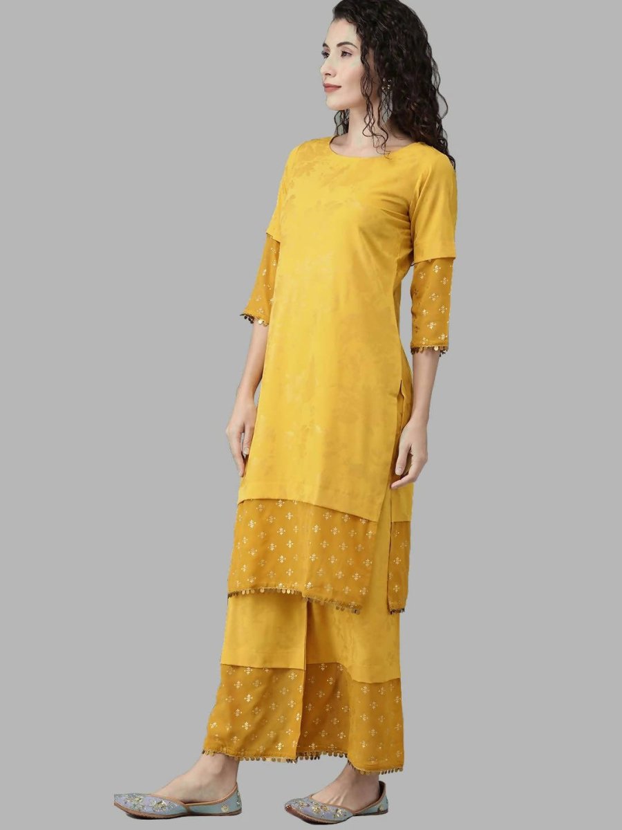 Ahalyaa Women Mustard Crepe Printed Kurta Palazzo Set With Dupatta | Grocsy