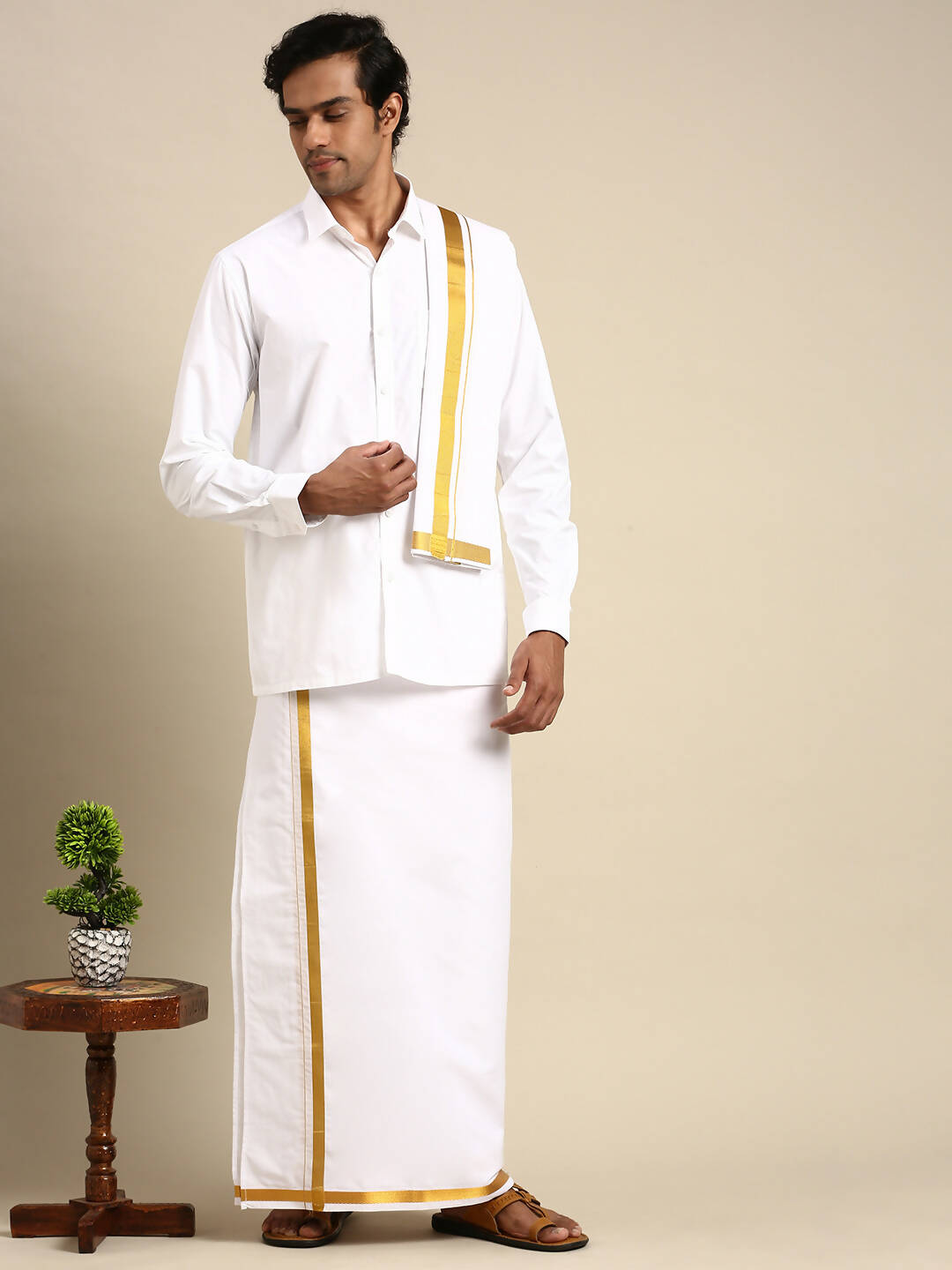 Ramraj Cotton Mens Premium Wedding Cotton White Dhoti with shirt Bit & Towel Set | Grocsy