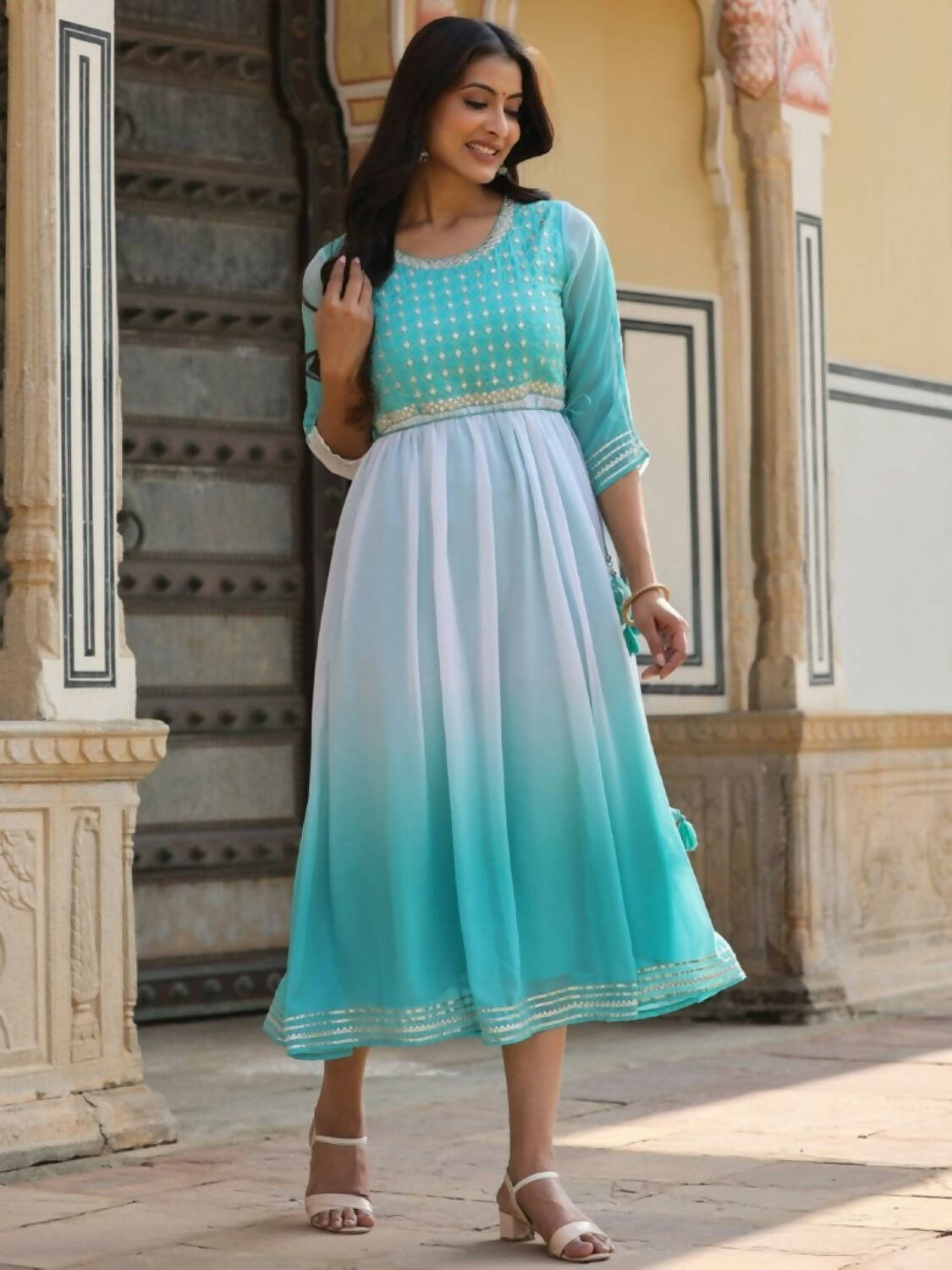 Juniper Women Teal Georgette Embroidered Maxi Dress | Grocsy