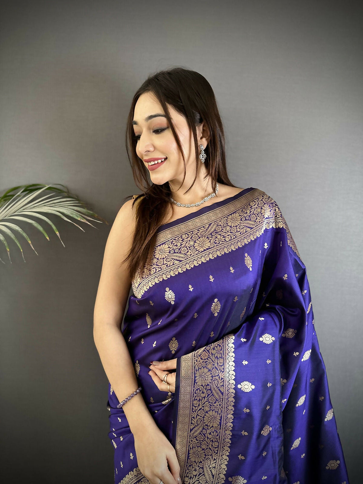Joban Fashion Royal Blue Zari Weaving Motif Lichi Silk Banarasi Silk Saree | Grocsy
