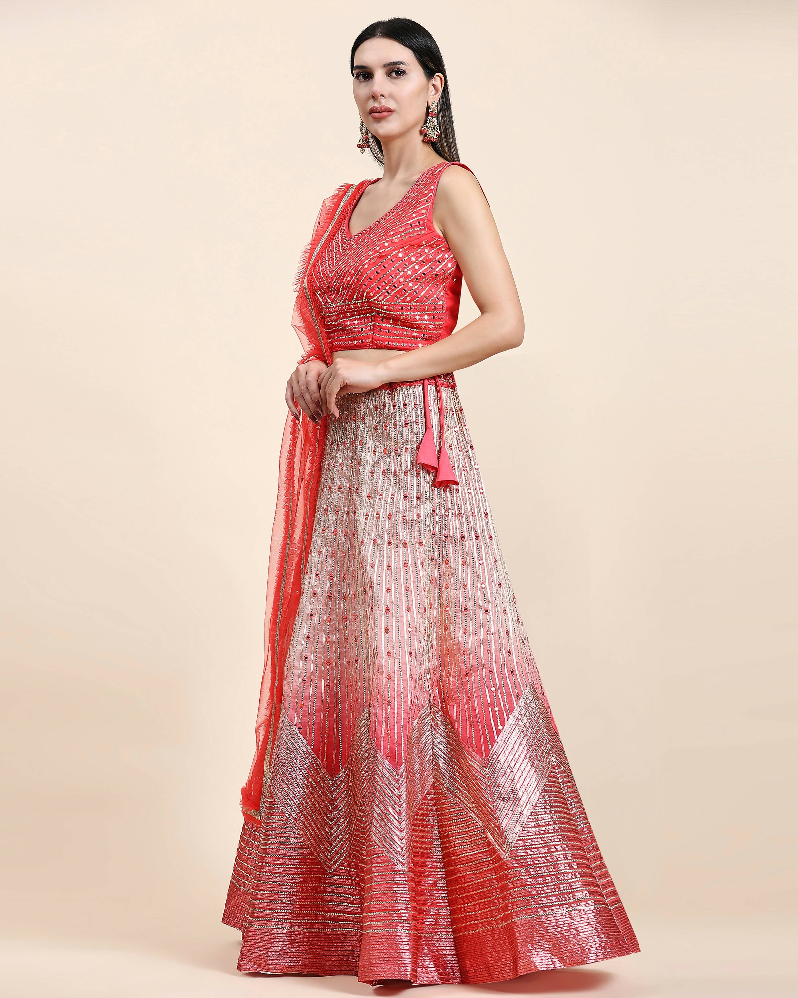 Red Organza Mirror With Coding Work Lehenga Choli with Dupatta - Tanya | Grocsy