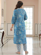 Aramya Straight Soft Cotton Floral Print Women's Kurta Set - Blue | Grocsy