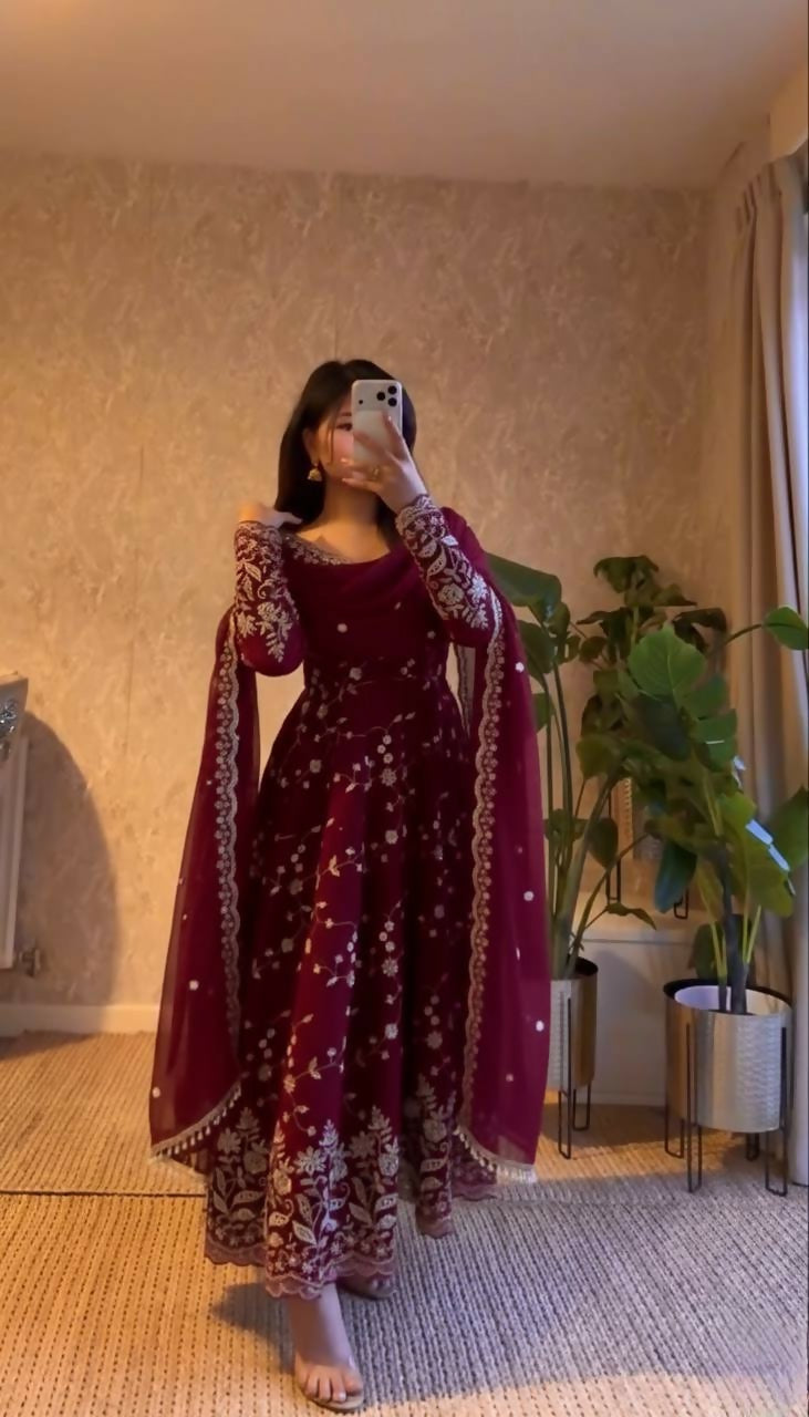 Teeya Creation Maroon Color Faux Georgette Long Party Wear Gown | Grocsy