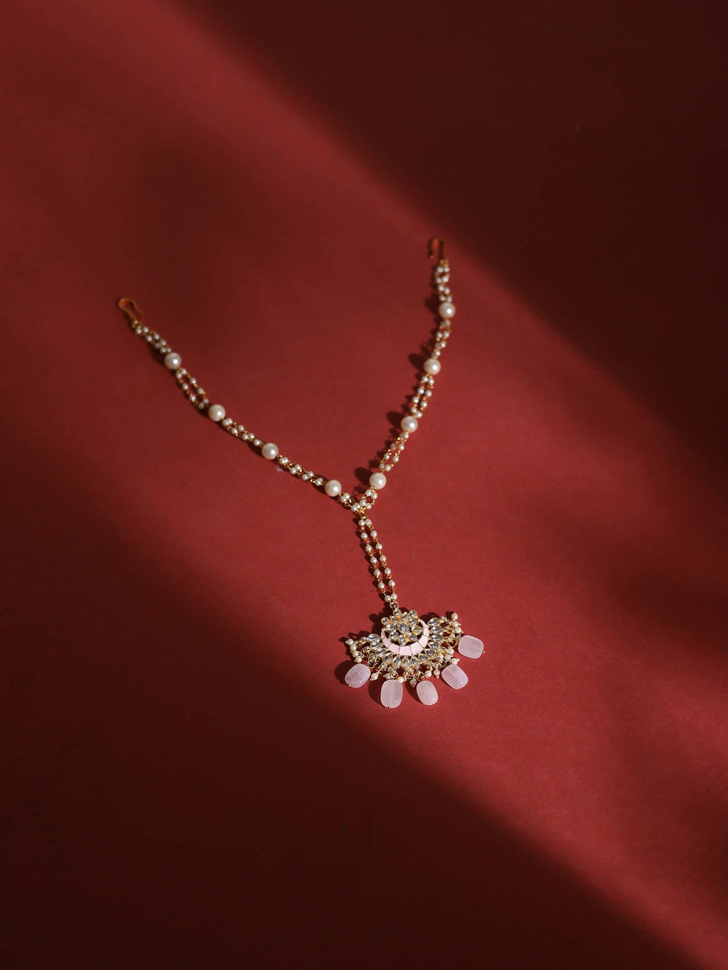 Gold-Polished White Kundan-Studded Pearl Beaded Matha Patti - Ruby Raang | Grocsy