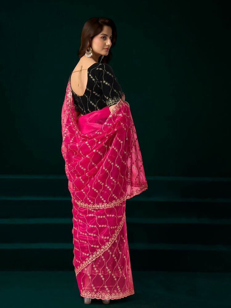 Joban Fashion Rani Pink Net Party Wear Sarees | Grocsy