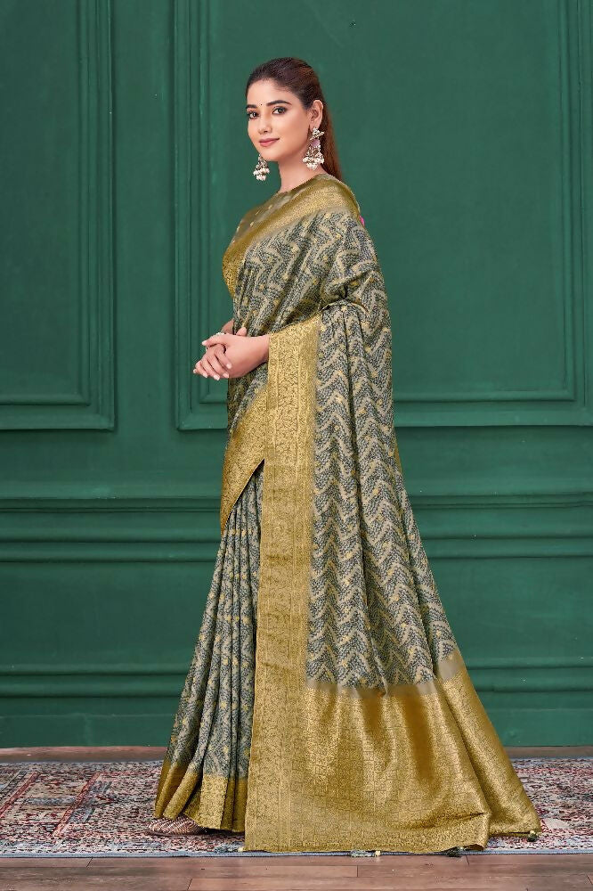 Grey Tussar Silk Jacquard Abstract Digital Print Saree with Unstitched Blouse - Mohira | Grocsy