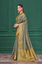 Grey Tussar Silk Jacquard Abstract Digital Print Saree with Unstitched Blouse - Mohira | Grocsy