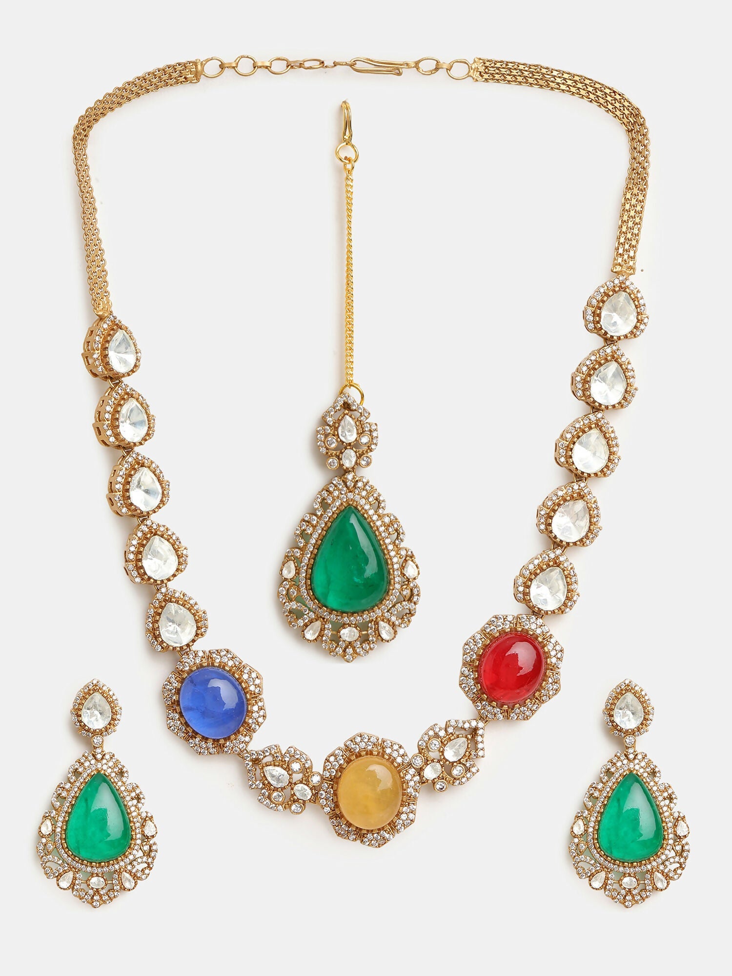 Ruby Raang 22k Gold Polished Stonework Kundan Necklace With Earrings And Maang Tikka | Grocsy