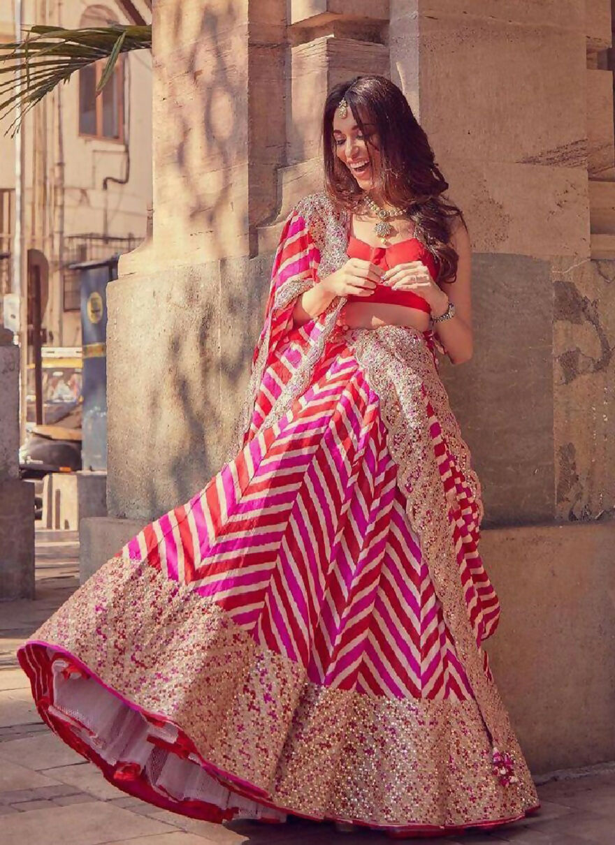 Jyoti Fashion Red & Pink Digital Print with Sequin Codding Embroidered Georgette Lehenga Choli with Dupatta | Grocsy