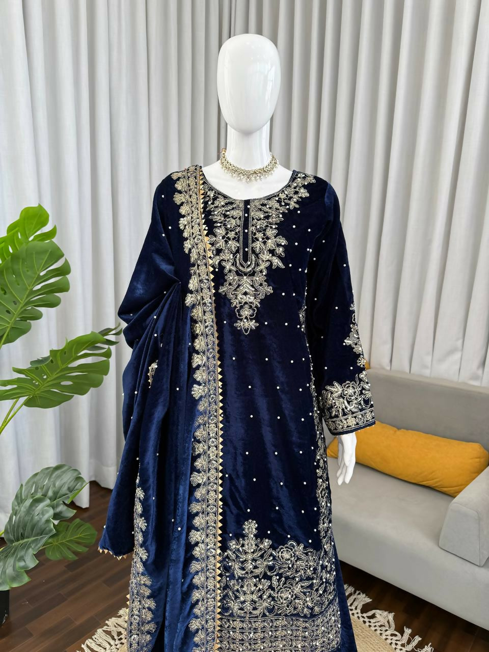 Vastranavya Blue Viscose Velvet Cording Sequence With Moti Work Top-Bottom With Dupatta | Grocsy