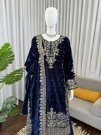 Vastranavya Blue Viscose Velvet Cording Sequence With Moti Work Top-Bottom With Dupatta | Grocsy