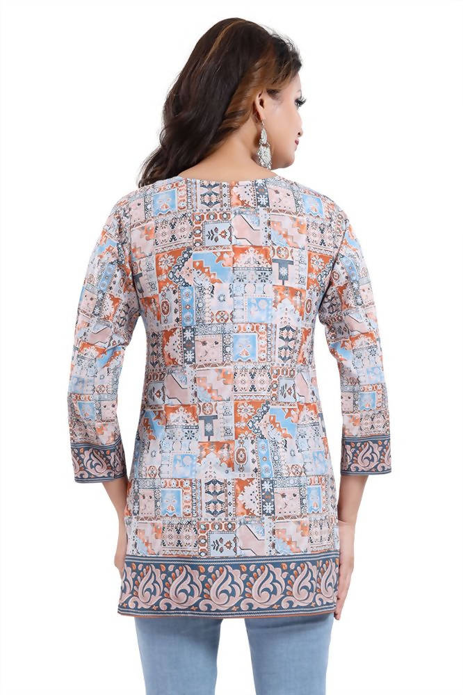 Snehal Creations Phenomenal Blue Faux Crepe Printed Tunic Top | Grocsy