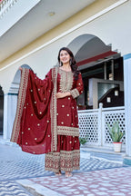 Teeya Creation Maroon Color Chinon Silk Heavy Embroidery Work Wedding Wear Sharara | Grocsy