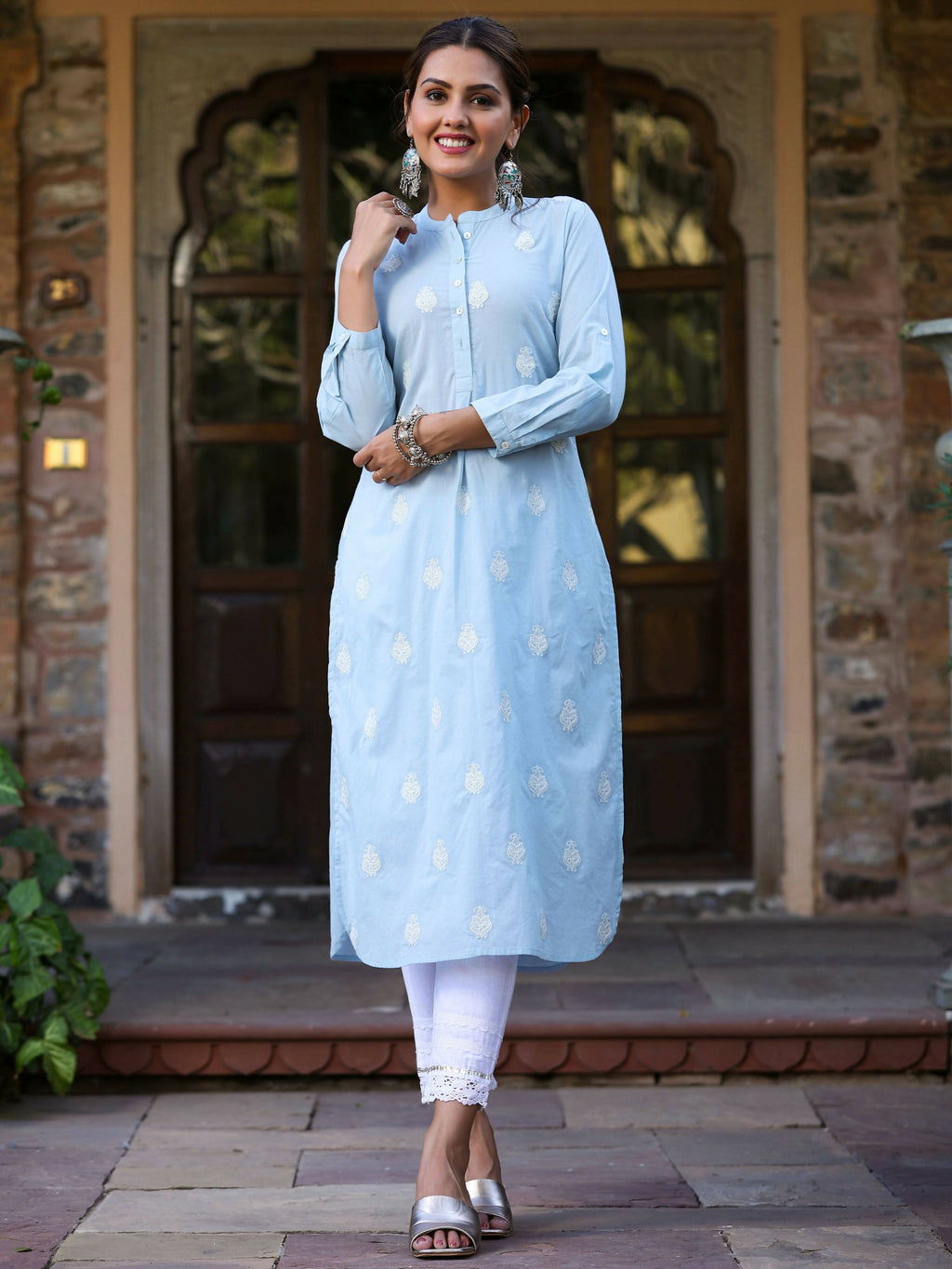 Juniper Women's Blue Cambric Embroidered Straight Kurta | Grocsy