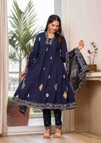 Jaimini Women Cotton Printed V-Neck 3/4 Sleeves Calf Length Flared Kurta Pant And Dupatta Set | Grocsy