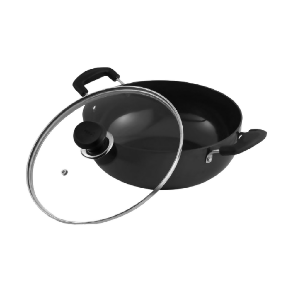 Vinod Black Pearl Hard Anodised Non Stick Deep Kadhai with Glass Lid | Grocsy