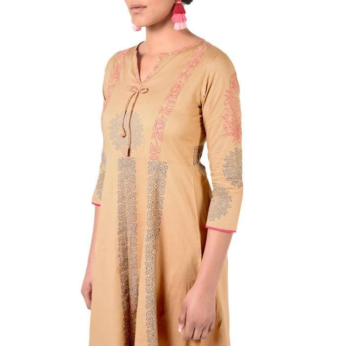 Aniyah Cotton Floral Print Anarkali Kurta In Beige (AN-165K) | Grocsy