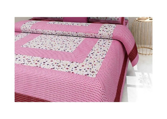 Vamika Printed Cotton Pink Bedsheet With Multicolor Pillow Covers (LEOC_BINDI_P) | Grocsy