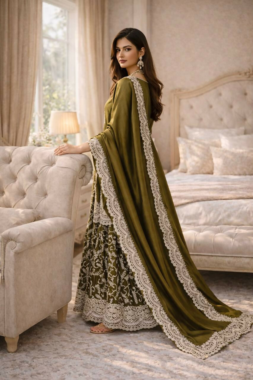 Teeya Creation Mehendi Fendy Satin Heavy Embrodiery Work Wedding Wear Salwar Suit | Grocsy