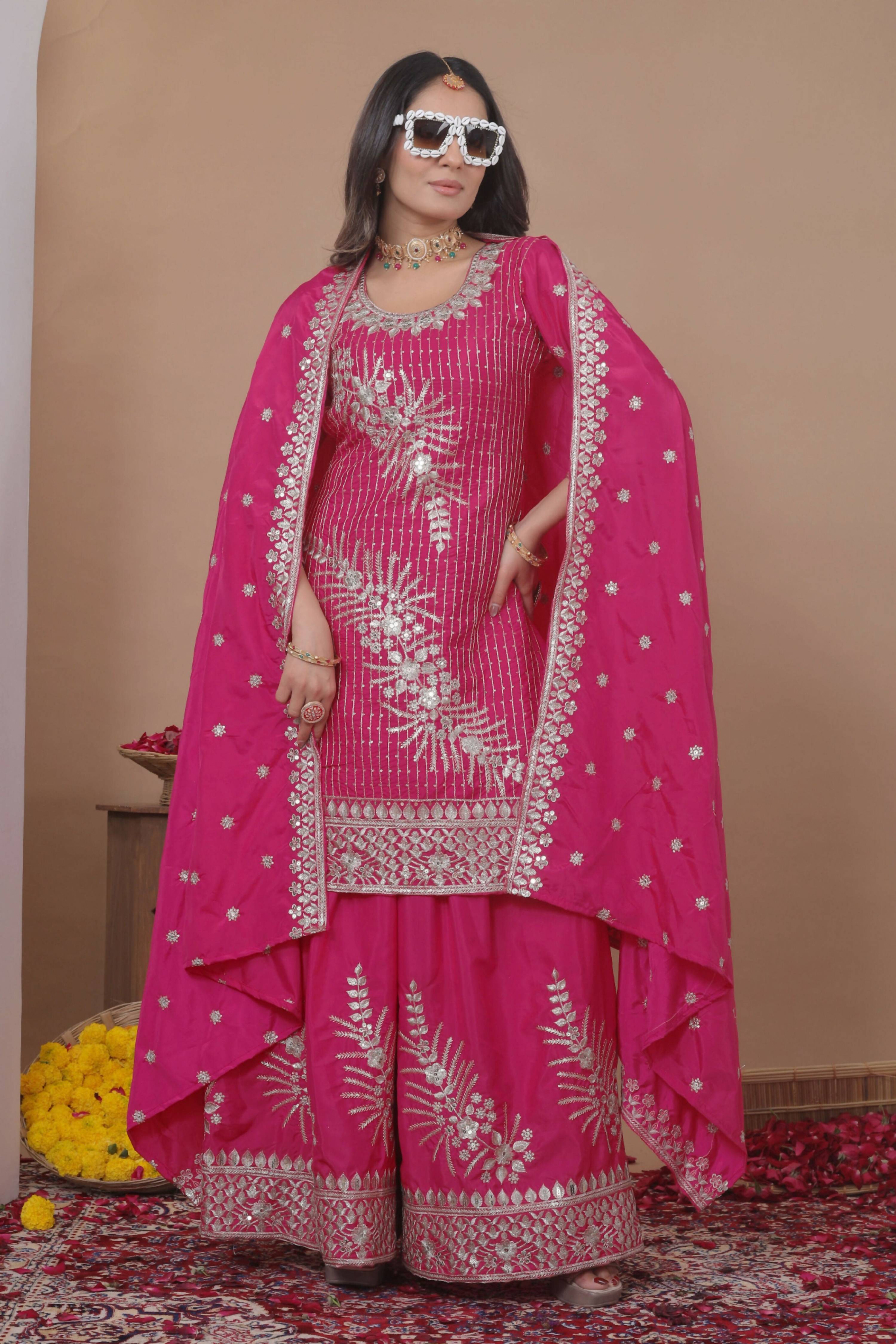 Lehenga Mart Designer Sharara Suit With Kurta, Sharara, Dupatta For Women-Pink | Grocsy
