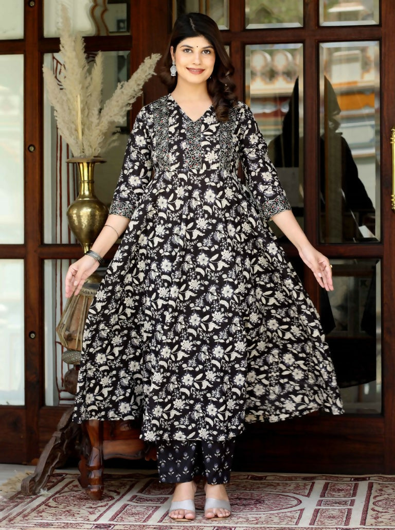 Miravan Women's Black Cotton Anarkali Kurta Embroidered Neck With Palazzo | Grocsy