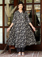 Miravan Women's Black Cotton Anarkali Kurta Embroidered Neck With Palazzo | Grocsy