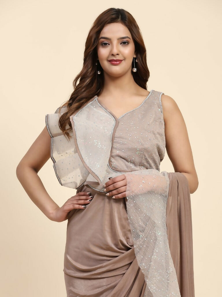 Light Brown Lycra Solid Ready to Wear Saree with stitched Blouse - Nita | Grocsy