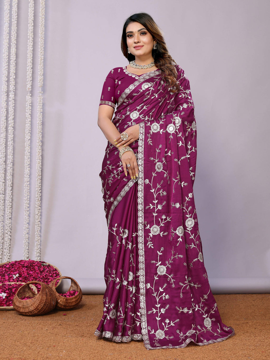 Purple Pure Satin Embroidered Saree With Stitched Blouse - Nimaya Kaksha | Grocsy