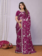 Purple Pure Satin Embroidered Saree With Stitched Blouse - Nimaya Kaksha | Grocsy