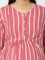 Manet Three Fourth Maternity Dress Striped With Concealed Zipper Nursing Access - Pink | Grocsy