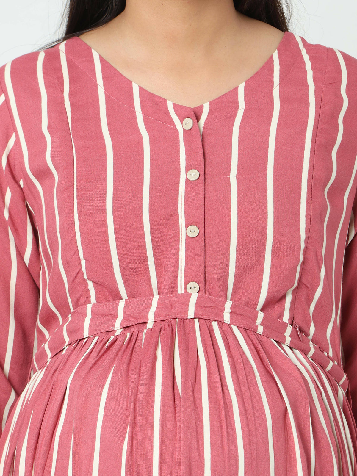 Manet Three Fourth Maternity Dress Striped With Concealed Zipper Nursing Access - Pink | Grocsy
