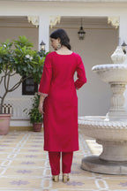 The52 Women's Beautiful Embroidery Work Viscose Chanderi Fabric Straight Kurta Pant and Dupatta Set-Red | Grocsy