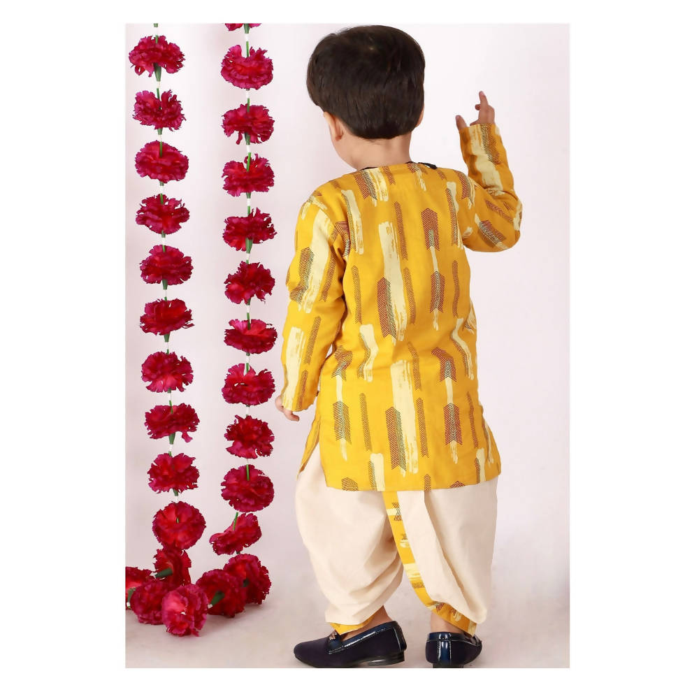 Little Bansi Boys Yellow and Cream Color Feather print Kurta and Dhoti | Grocsy