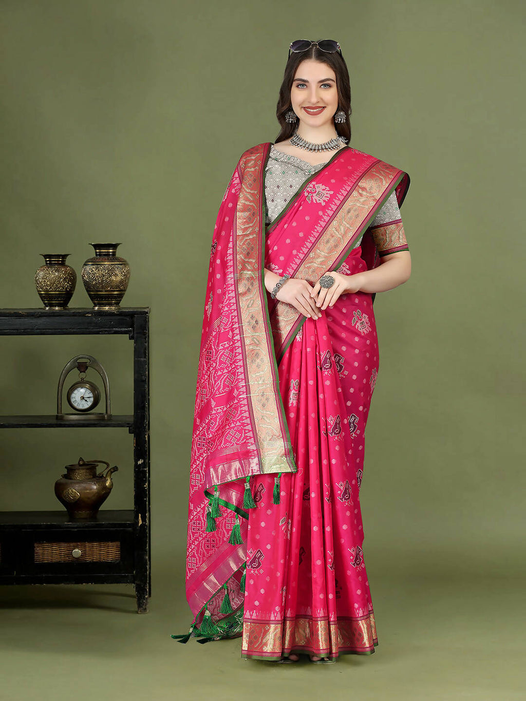 Lorenvalley Fashion Pink Patola Silk Woven Design Zari Meenakari Weaving Saree | Grocsy
