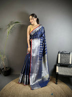 Joban Fashion Navy Blue Checked Soft Silk Kanjivaram Silk Saree | Grocsy