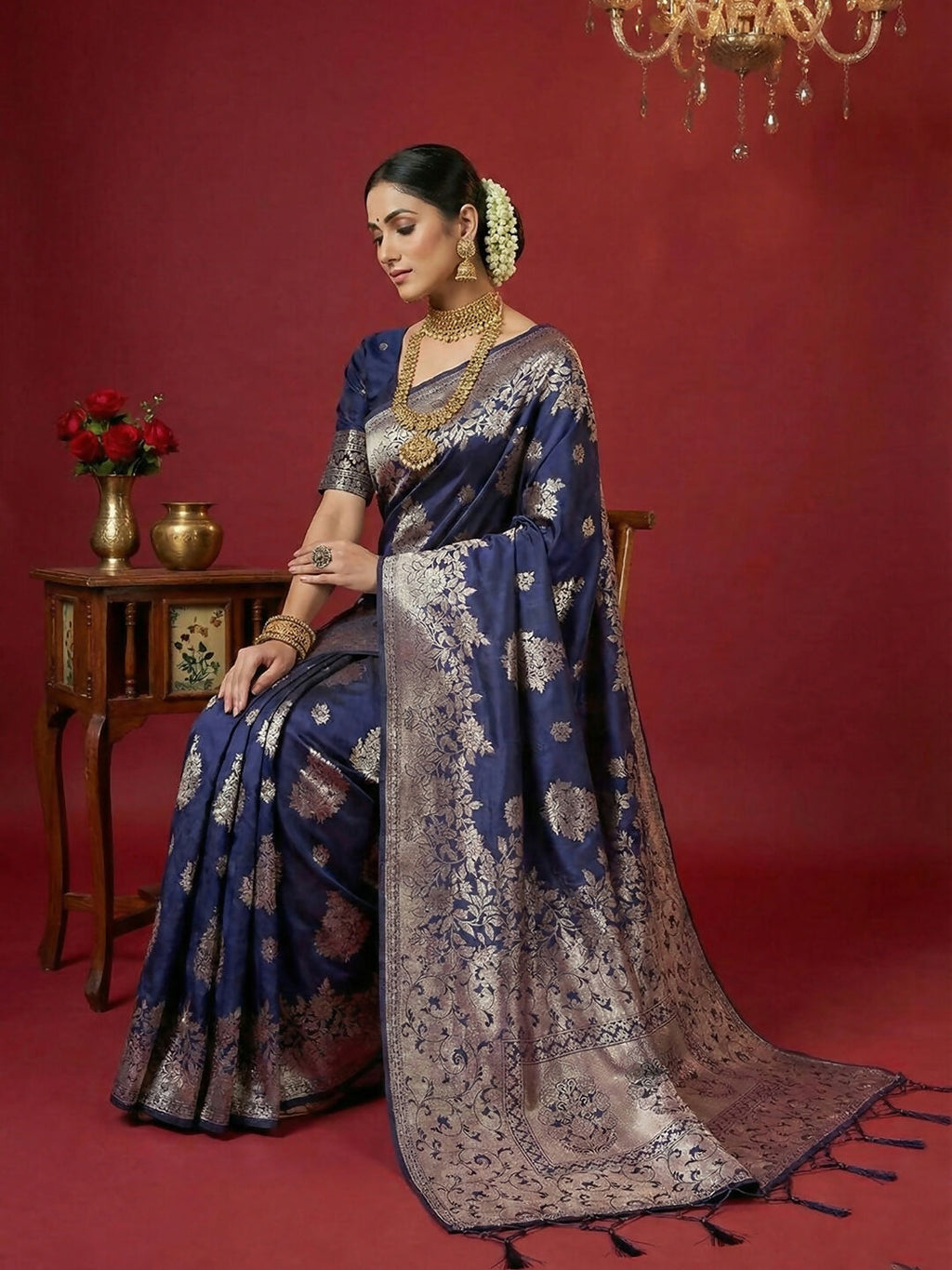 Shree Shyam Fashion Navy Blue Silk Blend Saree | Grocsy