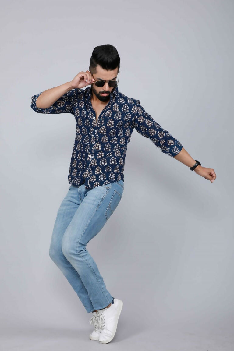 Miravan Men's Blue Floral Print Full Sleeve Casual Shirt | Grocsy