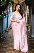 Pink Poly Crepe Ethnic Motifs Saree with Unstitched Blouse - A2M | Grocsy