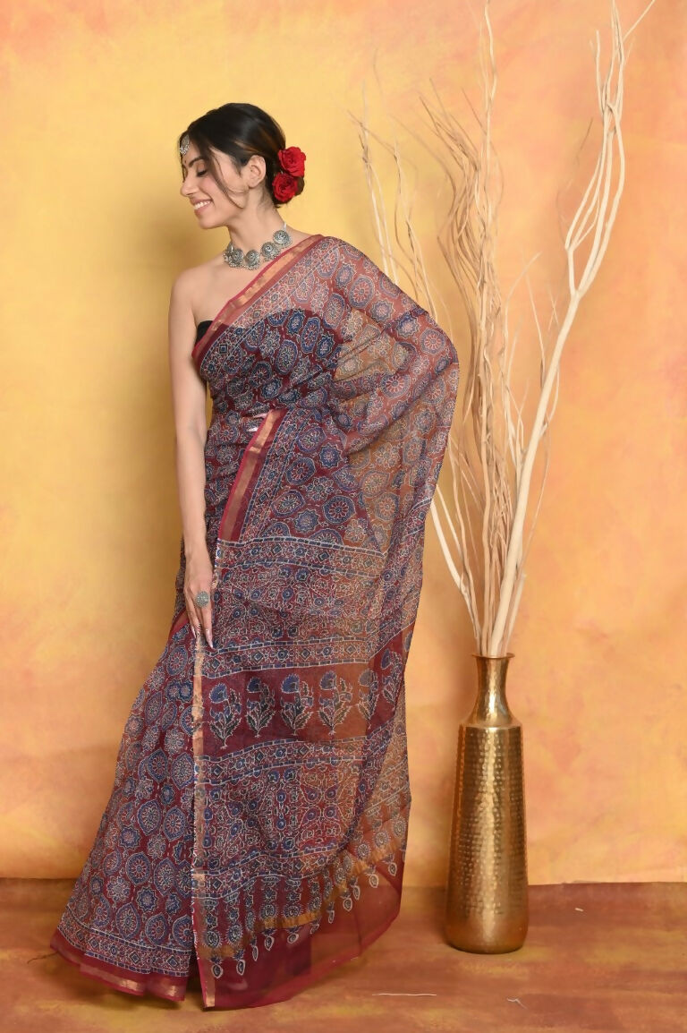 Very Much Indian Pure Kota Cotton Handblock Printed Saree - Grey | Grocsy